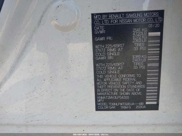 45013628 :رقم المزاد ، KNMAT2MV3LP543111 vin ، 2020 Nissan Rogue S Intelligent Awd مزاد بيع