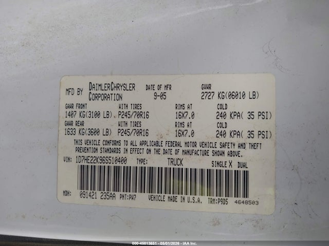 Продаж на аукціоні авто 2006 Dodge Dakota St, vin: 1D7HE22K96S510400, номер лоту: 45013651