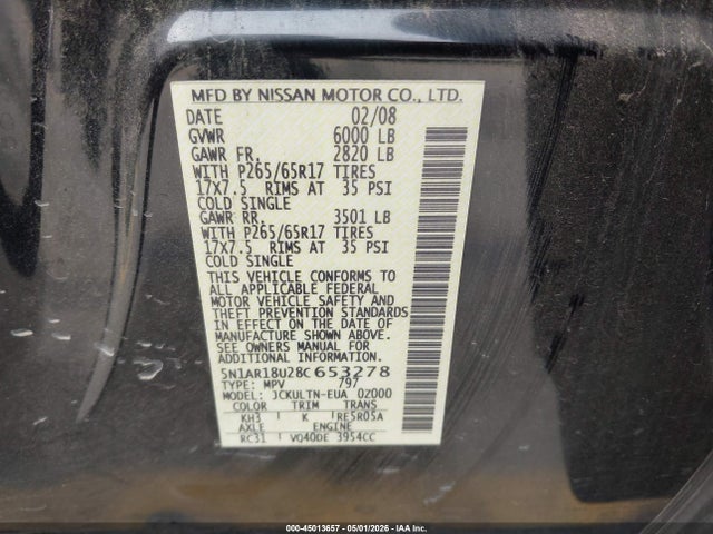 Продажа на аукционе авто 2008 Nissan Pathfinder Se, vin: 5N1AR18U28C653278, номер лота: 45013657