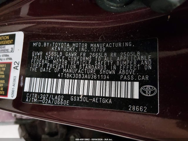45013662 :رقم المزاد ، 4T1BK3DB3AU361194 vin ، 2010 Toyota Avalon Xls مزاد بيع