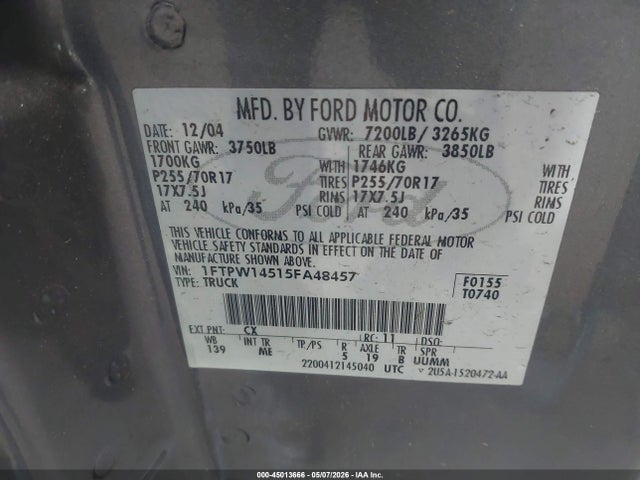 2005 Ford F-150 Fx4/lariat/xlt მანქანა იყიდება აუქციონზე, vin: 1FTPW14515FA48457, აუქციონის ნომერი: 45013666