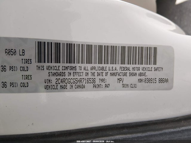 Продажа на аукционе авто 2017 Dodge Grand Caravan Sxt, vin: 2C4RDGCG5HR716536, номер лота: 45013667