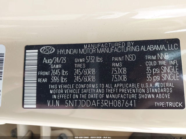 2024 Hyundai Santa Cruz Xrt მანქანა იყიდება აუქციონზე, vin: 5NTJDDAF3RH087641, აუქციონის ნომერი: 45013668