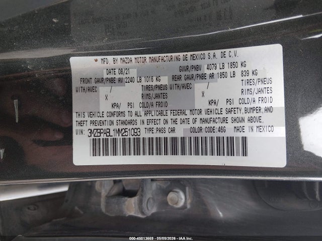 Aukcja sprzedaży 2021 Mazda Mazda3 Select, vin: 3MZBPABL1MM251093, numer aukcji: 45013669