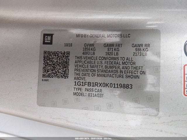 Aukcja sprzedaży 2019 Chevrolet Camaro 1lt, vin: 1G1FB1RX0K0119883, numer aukcji: 45013674