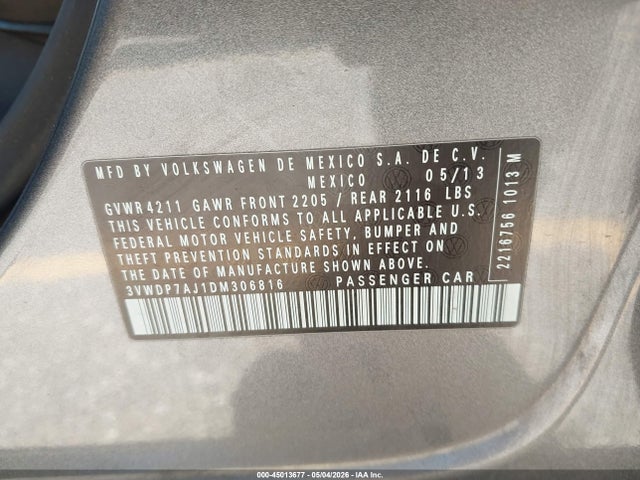 Aukcja sprzedaży 2013 Volkswagen Jetta 2.5l Se, vin: 3VWDP7AJ1DM306816, numer aukcji: 45013677