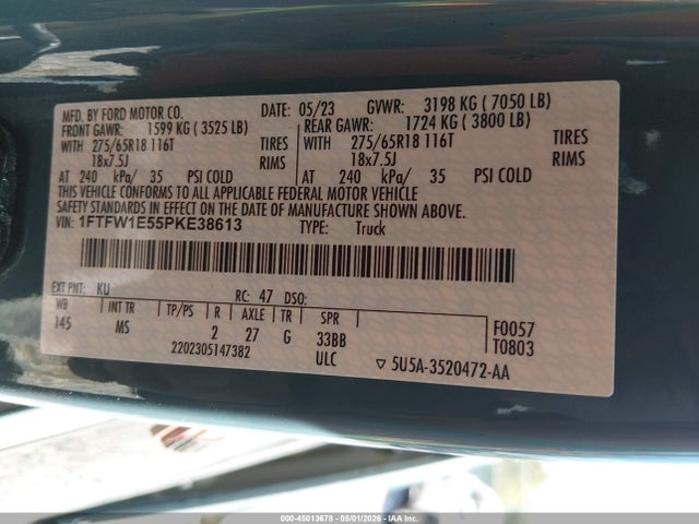 45013678 :رقم المزاد ، 1FTFW1E55PKE38613 vin ، 2023 Ford F-150 Xlt مزاد بيع