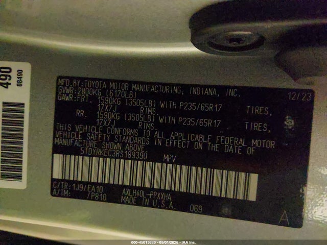 Aukcja sprzedaży 2024 Toyota Sienna Xle, vin: 5TDYRKEC3RS189390, numer aukcji: 45013680