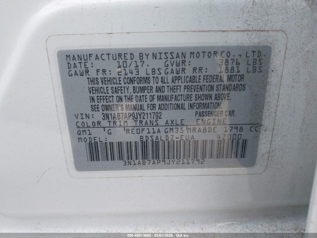 Продажа на аукционе авто 2018 Nissan Sentra Sv, vin: 3N1AB7AP9JY211792, номер лота: 45013685