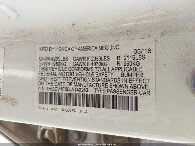 1HGCV1F50JA140263 Honda Accord Ex-l