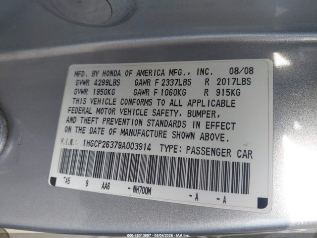 Aukcja sprzedaży 2009 Honda Accord 2.4 Lx, vin: 1HGCP26379A003914, numer aukcji: 45013697