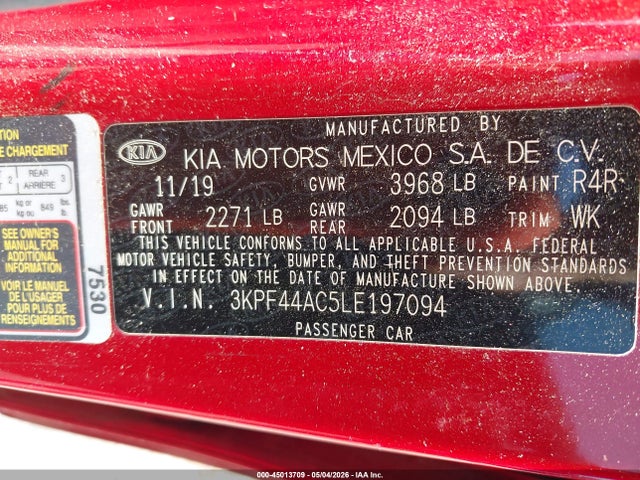 2020 Kia Forte Gt მანქანა იყიდება აუქციონზე, vin: 3KPF44AC5LE197094, აუქციონის ნომერი: 45013709