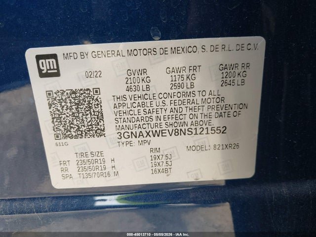 Aukcja sprzedaży 2022 Chevrolet Equinox Awd Rs, vin: 3GNAXWEV8NS121552, numer aukcji: 45013710