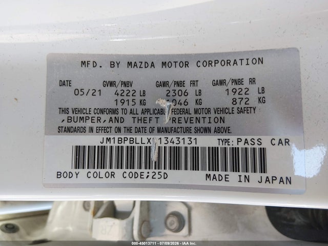 Aukcja sprzedaży 2021 Mazda Mazda3 Preferred, vin: JM1BPBLLXM1343131, numer aukcji: 45013711