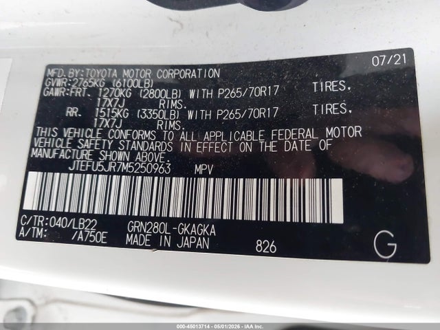 Продажа на аукционе авто 2021 Toyota 4runner, vin: JTEFU5JR7M5250963, номер лота: 45013714