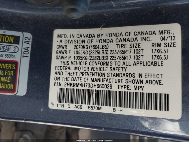 Aukcja sprzedaży 2013 Honda Cr-v Ex-l, vin: 2HKRM4H73DH660028, numer aukcji: 45013723