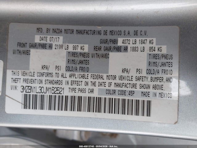 Продаж на аукціоні авто 2018 Mazda Mazda3 Touring, vin: 3MZBN1L30JM162521, номер лоту: 45013745