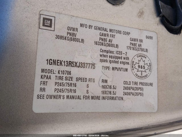 Aukcja sprzedaży 1999 Chevrolet Tahoe Ls, vin: 1GNEK13R5XJ337775, numer aukcji: 45013758