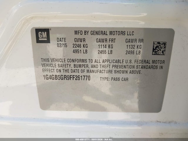 2015 Buick Lacrosse Leather მანქანა იყიდება აუქციონზე, vin: 1G4GB5GR9FF261770, აუქციონის ნომერი: 45013771