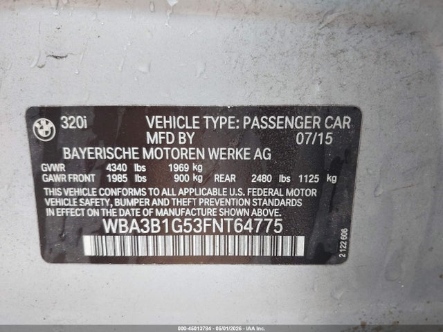 2015 Bmw 320i მანქანა იყიდება აუქციონზე, vin: WBA3B1G53FNT64775, აუქციონის ნომერი: 45013784