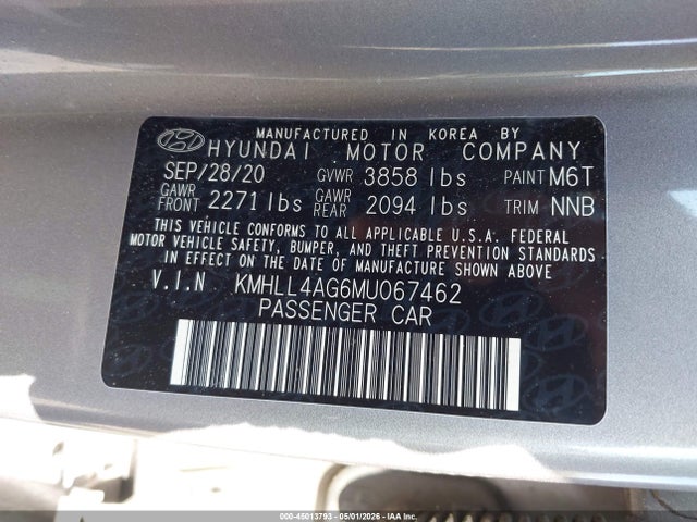 Auction sale of the 2021 Hyundai Elantra Se, vin: KMHLL4AG6MU067462, lot number: 45013793