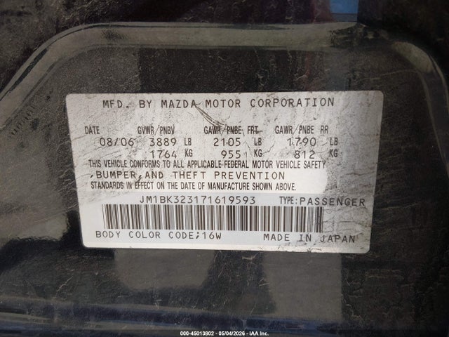 Auction sale of the 2007 Mazda Mazda3 S Touring, vin: JM1BK323171619593, lot number: 45013802