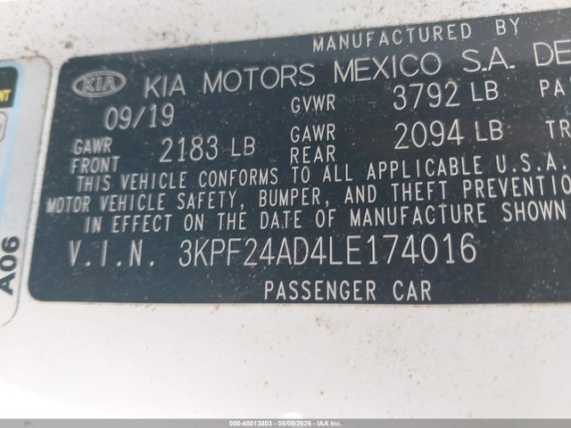 Aukcja sprzedaży 2020 Kia Forte Fe, vin: 3KPF24AD4LE174016, numer aukcji: 45013803