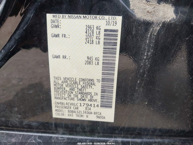 45013830 :رقم المزاد ، 1N4BL4CVXLC179414 vin ، 2020 Nissan Altima Sr Fwd مزاد بيع