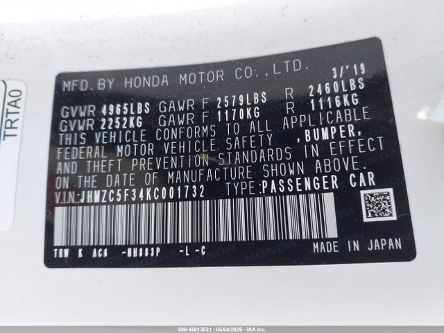 Aukcja sprzedaży 2019 Honda Clarity Plug-in Hybrid Touring, vin: JHMZC5F34KC001732, numer aukcji: 45013831