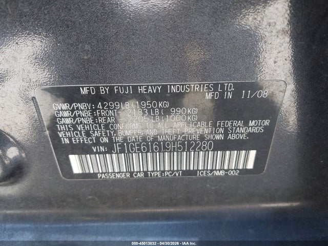 Продаж на аукціоні авто 2009 Subaru Impreza 2.5i, vin: JF1GE61619H512280, номер лоту: 45013832