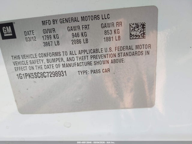 2012 Chevrolet Cruze Eco მანქანა იყიდება აუქციონზე, vin: 1G1PK5SC8C7298931, აუქციონის ნომერი: 45013846