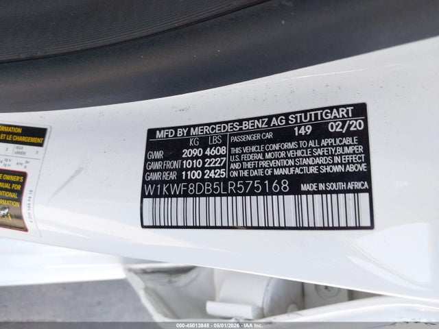 2020 Mercedes-benz C 300 მანქანა იყიდება აუქციონზე, vin: W1KWF8DB5LR575168, აუქციონის ნომერი: 45013848