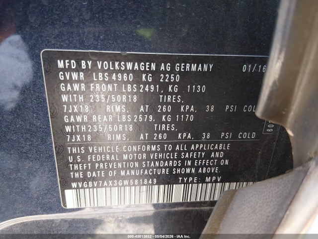 Продаж на аукціоні авто 2016 Volkswagen Tiguan Se, vin: WVGBV7AX3GW581849, номер лоту: 45013852