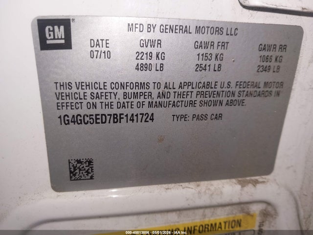 Aukcja sprzedaży 2011 Buick Lacrosse Cxl, vin: 1G4GC5ED7BF141724, numer aukcji: 45013856