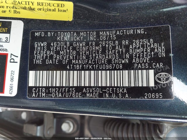 2015 Toyota Camry Se მანქანა იყიდება აუქციონზე, vin: 4T1BF1FK1FU096708, აუქციონის ნომერი: 45013861