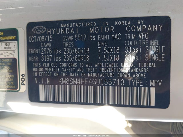 Aukcja sprzedaży 2016 Hyundai Santa Fe Se, vin: KM8SM4HF4GU155713, numer aukcji: 45013862