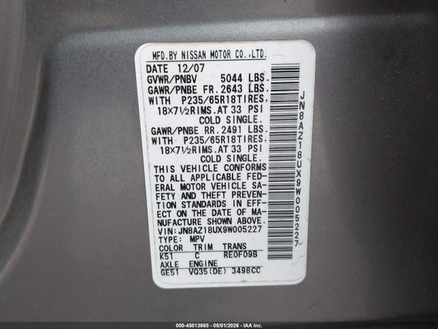 Продаж на аукціоні авто 2009 Nissan Murano Sl, vin: JN8AZ18UX9W005227, номер лоту: 45013865