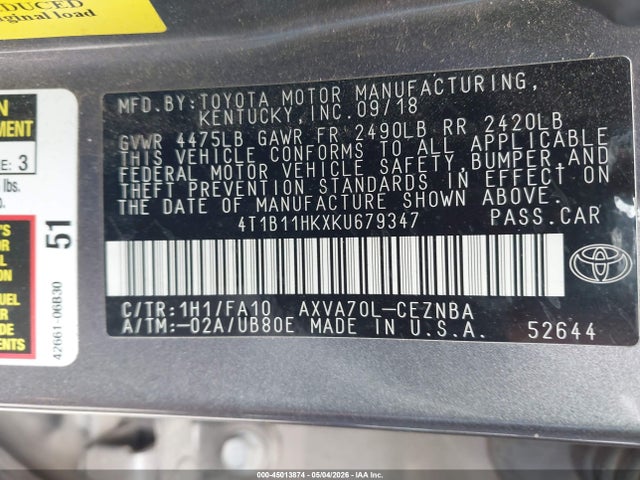 45013874 :رقم المزاد ، 4T1B11HKXKU679347 vin ، 2019 Toyota Camry Le مزاد بيع