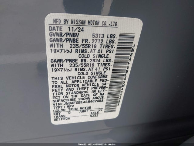 Продажа на аукционе авто 2025 Nissan Aryia, vin: JN8AF0BE4SM462458, номер лота: 45013892