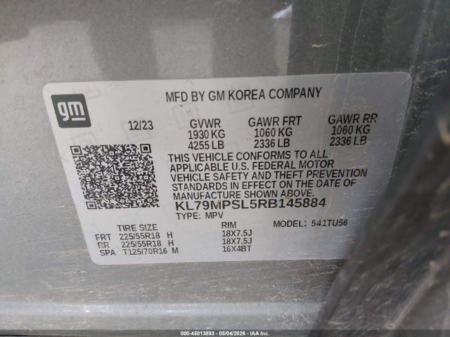 Aukcja sprzedaży 2024 Chevrolet Trailblazer Fwd Lt, vin: KL79MPSL5RB145884, numer aukcji: 45013893