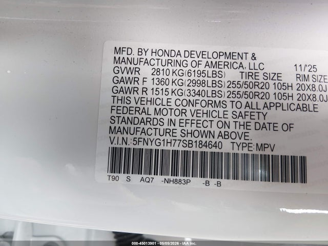 Продажа на аукционе авто 2025 Honda Pilot Touring, vin: 5FNYG1H77SB184640, номер лота: 45013901