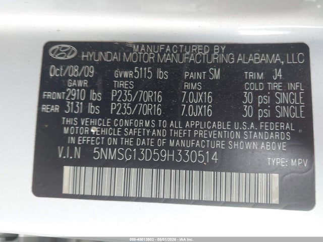 Продаж на аукціоні авто 2009 Hyundai Santa Fe Gls, vin: 5NMSG13D59H330514, номер лоту: 45013903