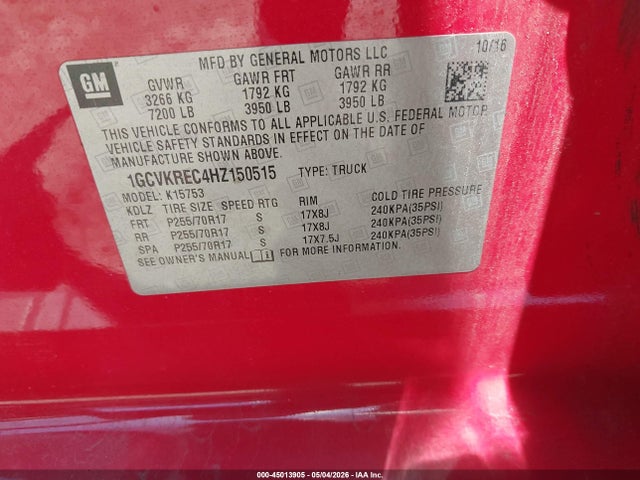 45013905 :رقم المزاد ، 1GCVKREC4HZ150515 vin ، 2017 Chevrolet Silverado 1500 1lt مزاد بيع