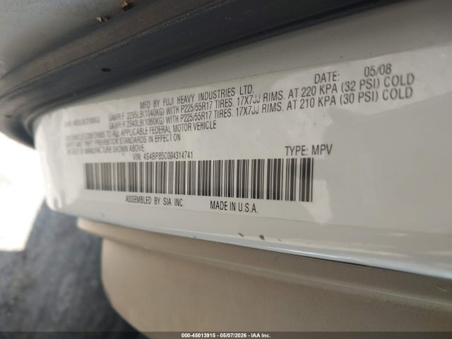 45013915 :رقم المزاد ، 4S4BP85C094314741 vin ، 2009 Subaru Outback 3.0r Limited مزاد بيع