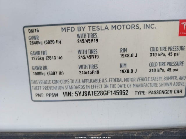 2016 Tesla Model S 60d/70d/75d/85d/90d მანქანა იყიდება აუქციონზე, vin: 5YJSA1E28GF145952, აუქციონის ნომერი: 45013921