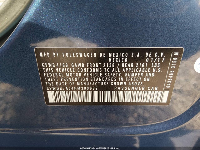 Продажа на аукционе авто 2017 Volkswagen Jetta 1.4t Se, vin: 3VWDB7AJ4HM309682, номер лота: 45013924