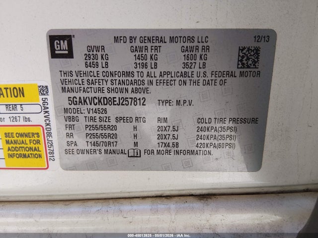 45013925 :رقم المزاد ، 5GAKVCKD8EJ257812 vin ، 2014 Buick Enclave Premium مزاد بيع