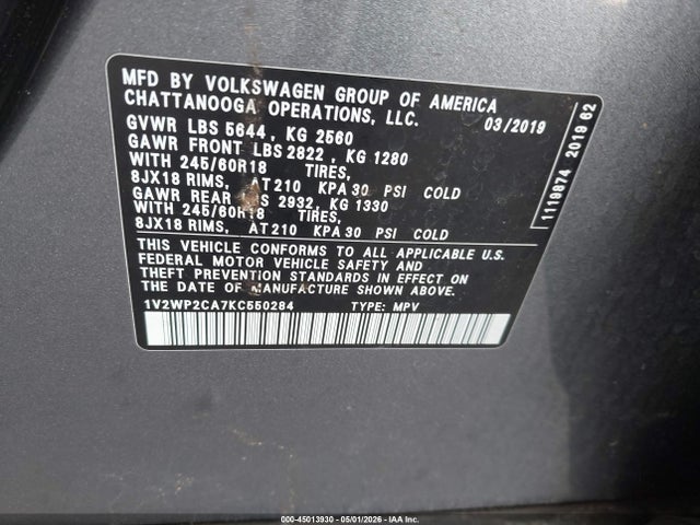 2019 Volkswagen Atlas 2.0t Se W/technology მანქანა იყიდება აუქციონზე, vin: 1V2WP2CA7KC550284, აუქციონის ნომერი: 45013930