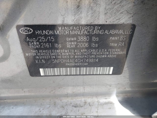 45013952 :رقم المزاد ، 5NPDH4AE4GH749814 vin ، 2016 Hyundai Elantra Se مزاد بيع