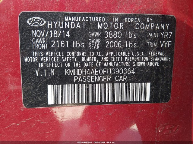 Продажа на аукционе авто 2015 Hyundai Elantra Se, vin: KMHDH4AE0FU390364, номер лота: 45013962